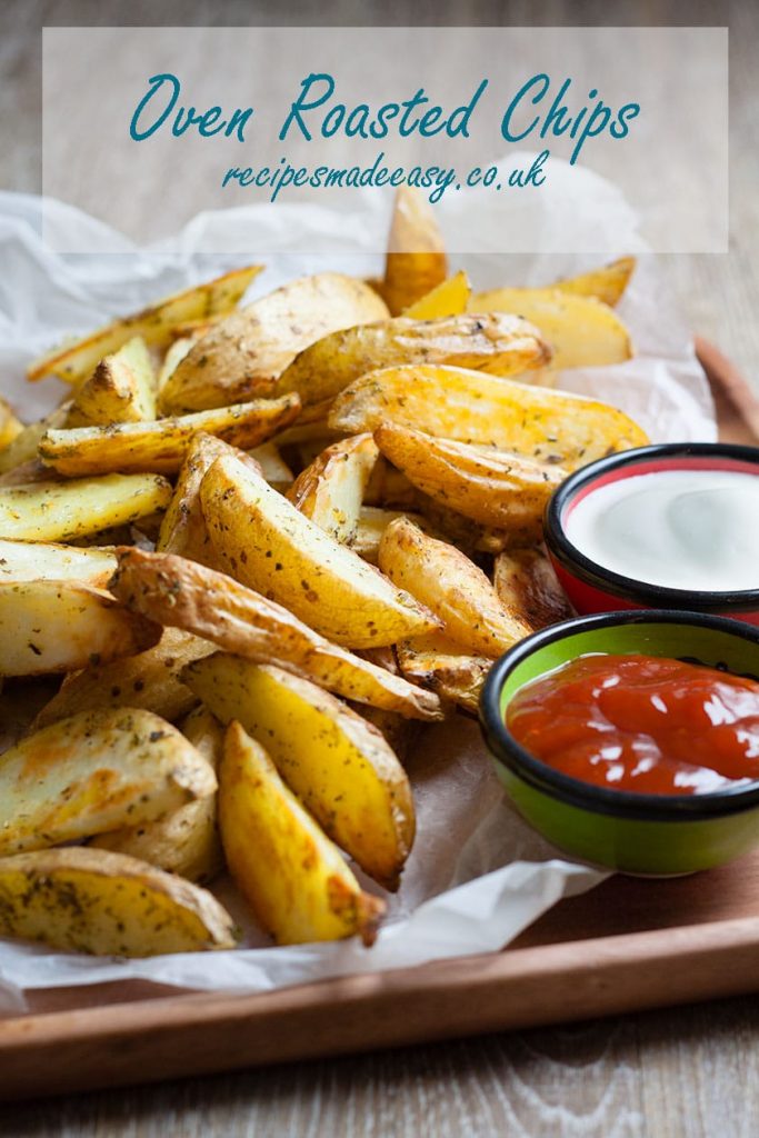 oven chips on a wooden tray.