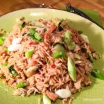 Green plate with serving of spicy pork rice