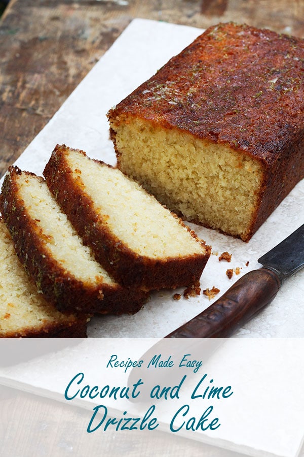 sliced coconut and lime drizzle cake.