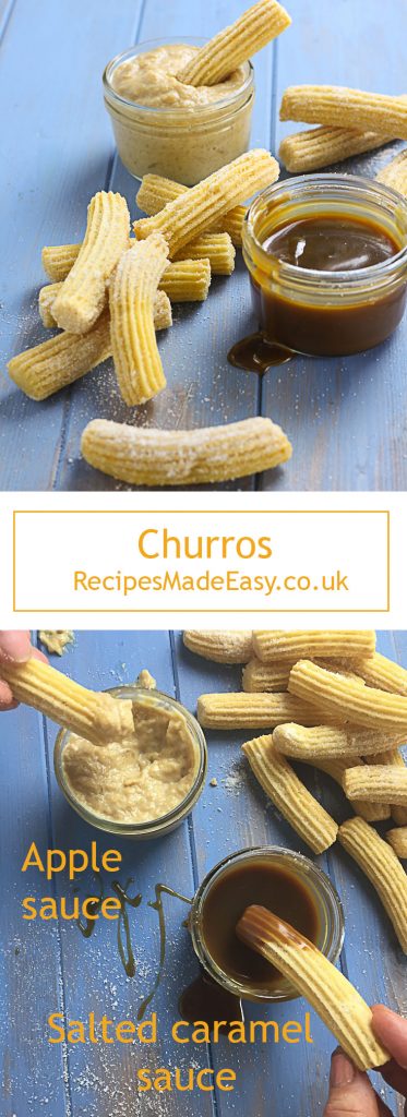 churros with apple sauce and salted caramel sauce