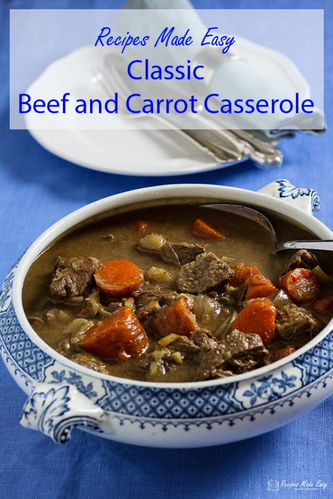 old fashioned beef and carrot stew in vintage blue and white casserole