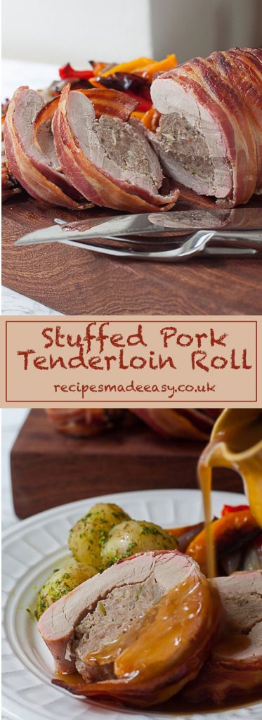 Stuffed pork tenderloin roll by Recipes Made Easy showed on board and plated with gravy