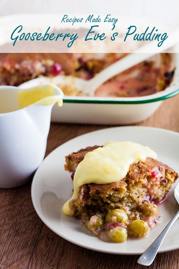 portion of eves pudding with custard on a plate.