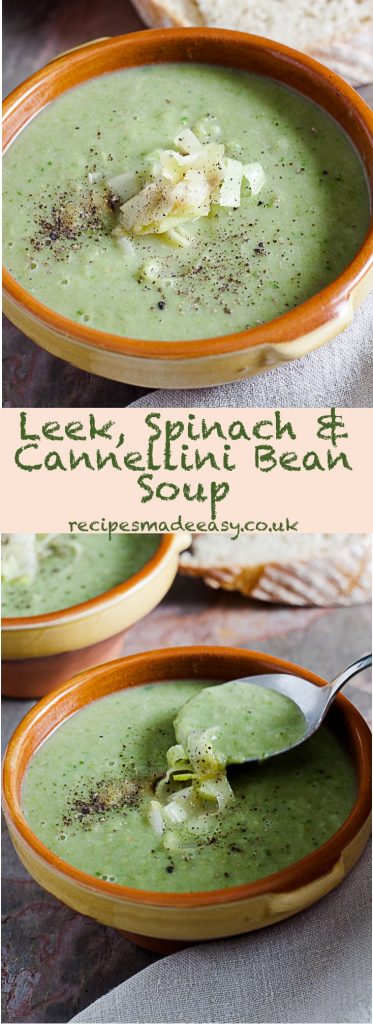 close up and picture of two bowls of leek, spinach and cannellini bean soup by recipes made easy