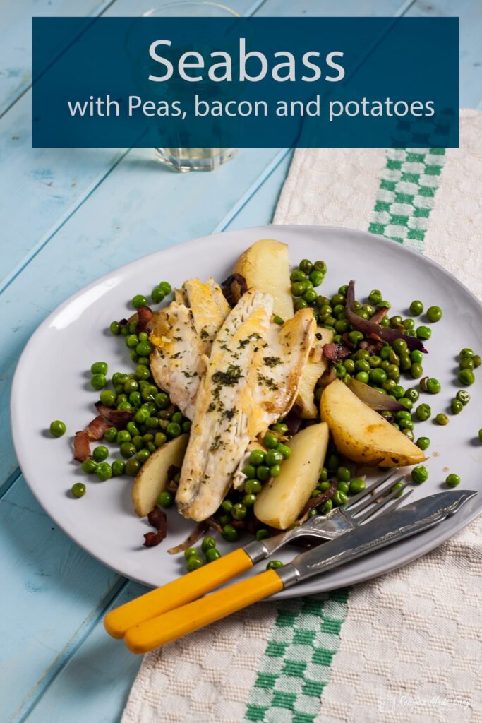 plate sea bass wit peas and bacon