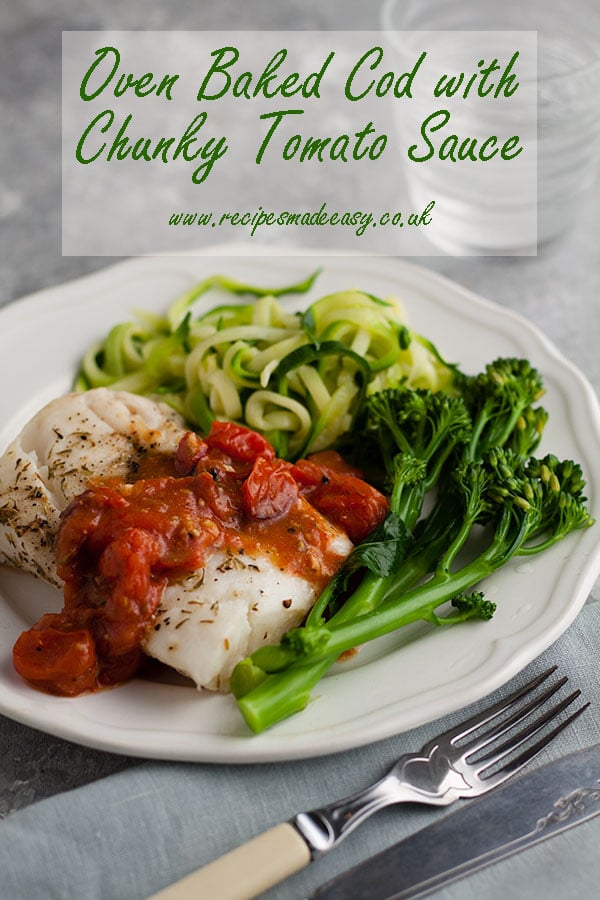 plate of oven baked cod with chunky tomato sauce