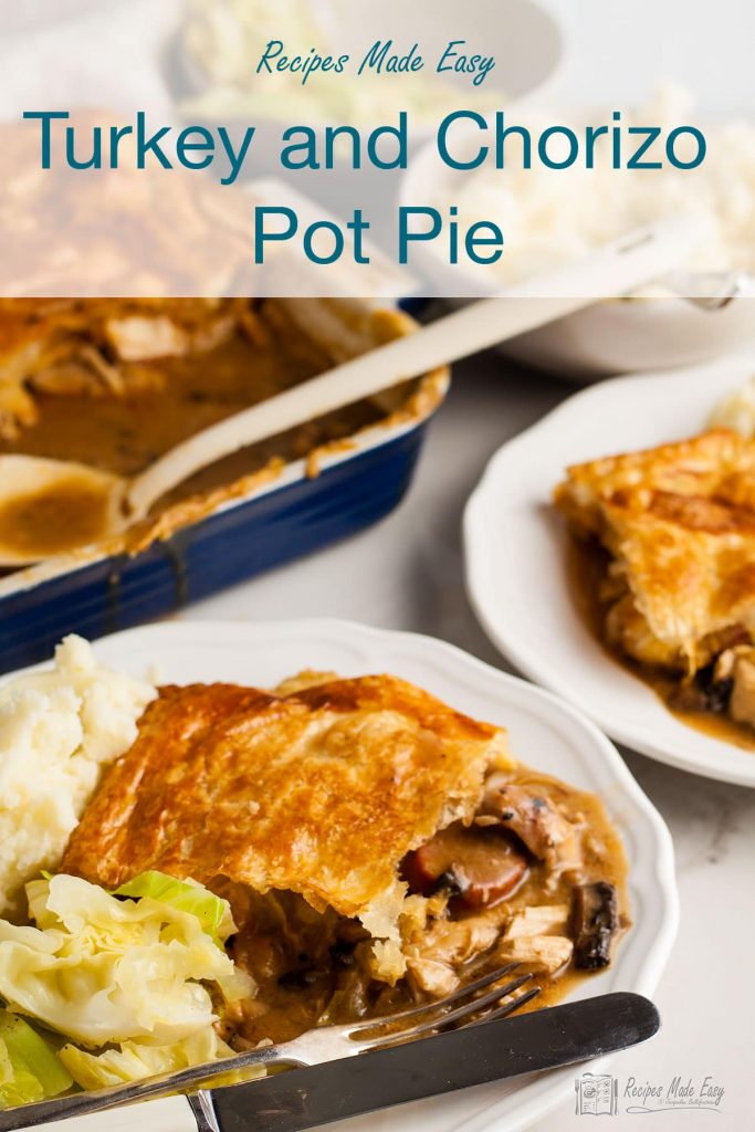 turkey and chorizo pot pie with portions on plates.