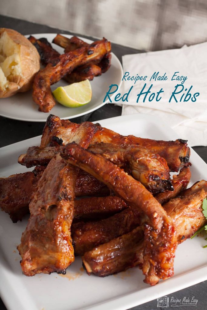 serving plate of red hot ribs.
