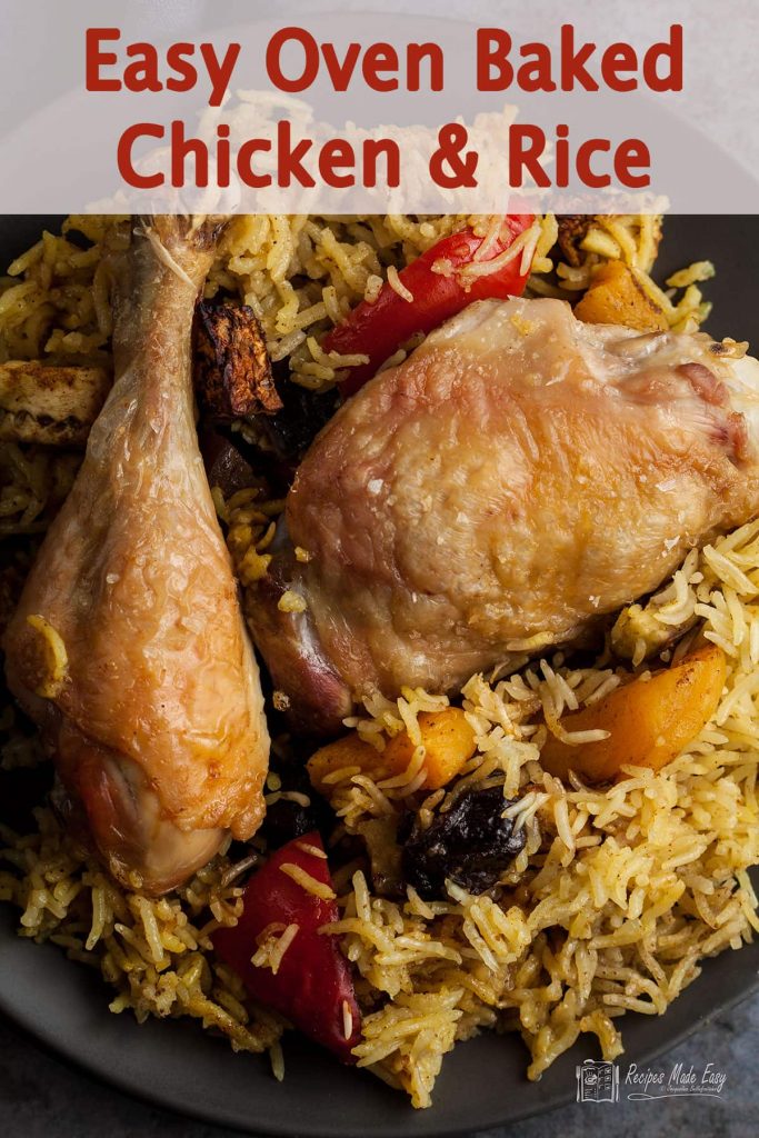 serving of easy oven baked chicken and rice.
