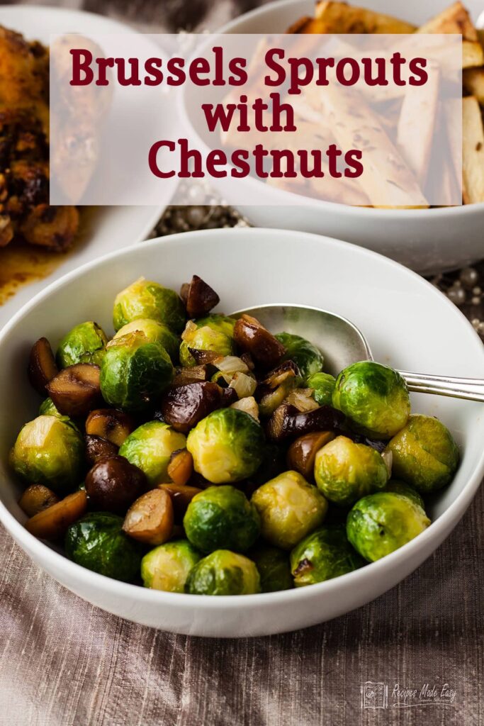 brussels sprouts and chestnuts in serving bowl