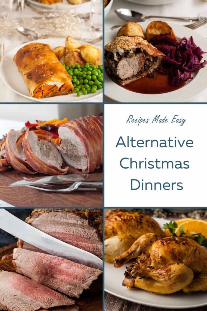 collage of alternative Christmas dinners, carrot, strudel, roast poussin, pork wellington, roast beef and stuffed tolled pork tenderloin.