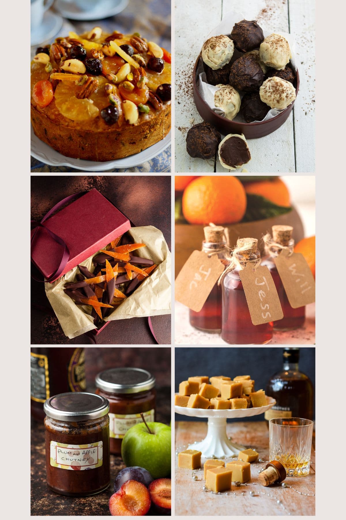6 foodie gifts special fruit cake, coffee truffles, candied orange peel, orange and clemintine gin, plum and apple chutney, whisky fudge.