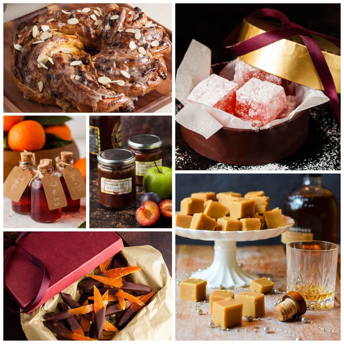 collage of edible gifts: Pecan and cranberry couronne, Turkish delight, clementine and cranberry gin, Plum and apple Chutney, candied orange peel and whisky fudge
